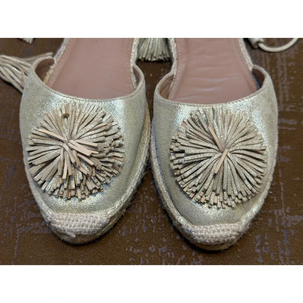 Aquazzura Gold Metallic Pom Pom Tassel Lace Up Espadrille Flats EU 38.5 Spain